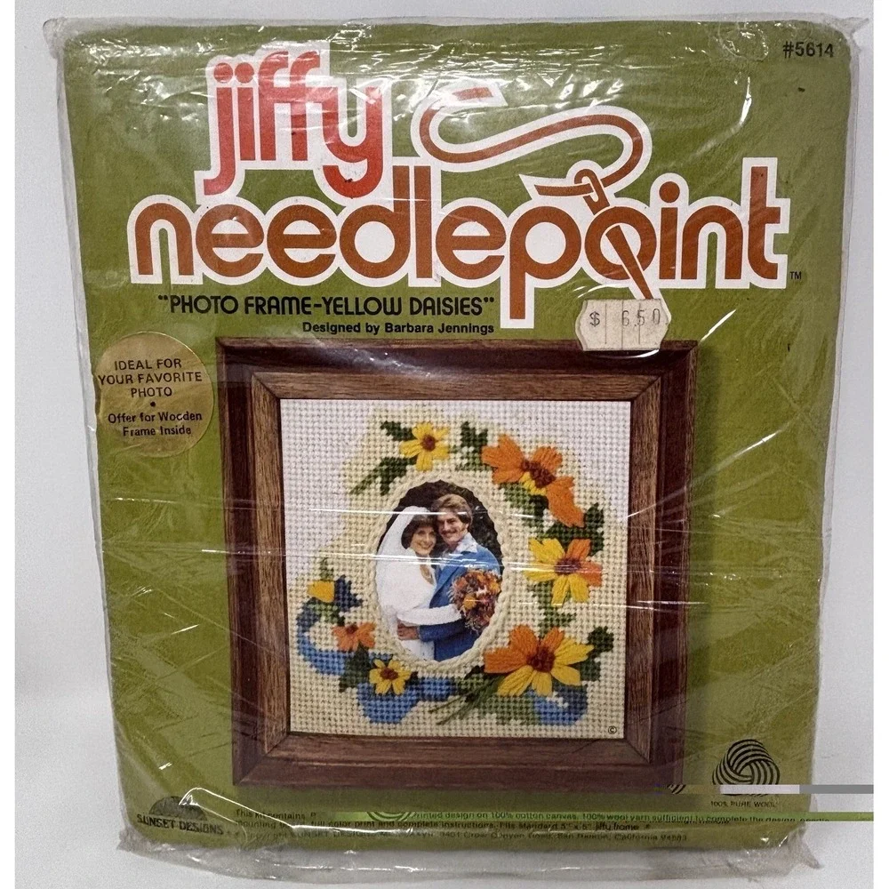 Vintage Sunset Jiffy Needlepoint Wedding & Daisies Photo Frame Kit #5614 NOS
